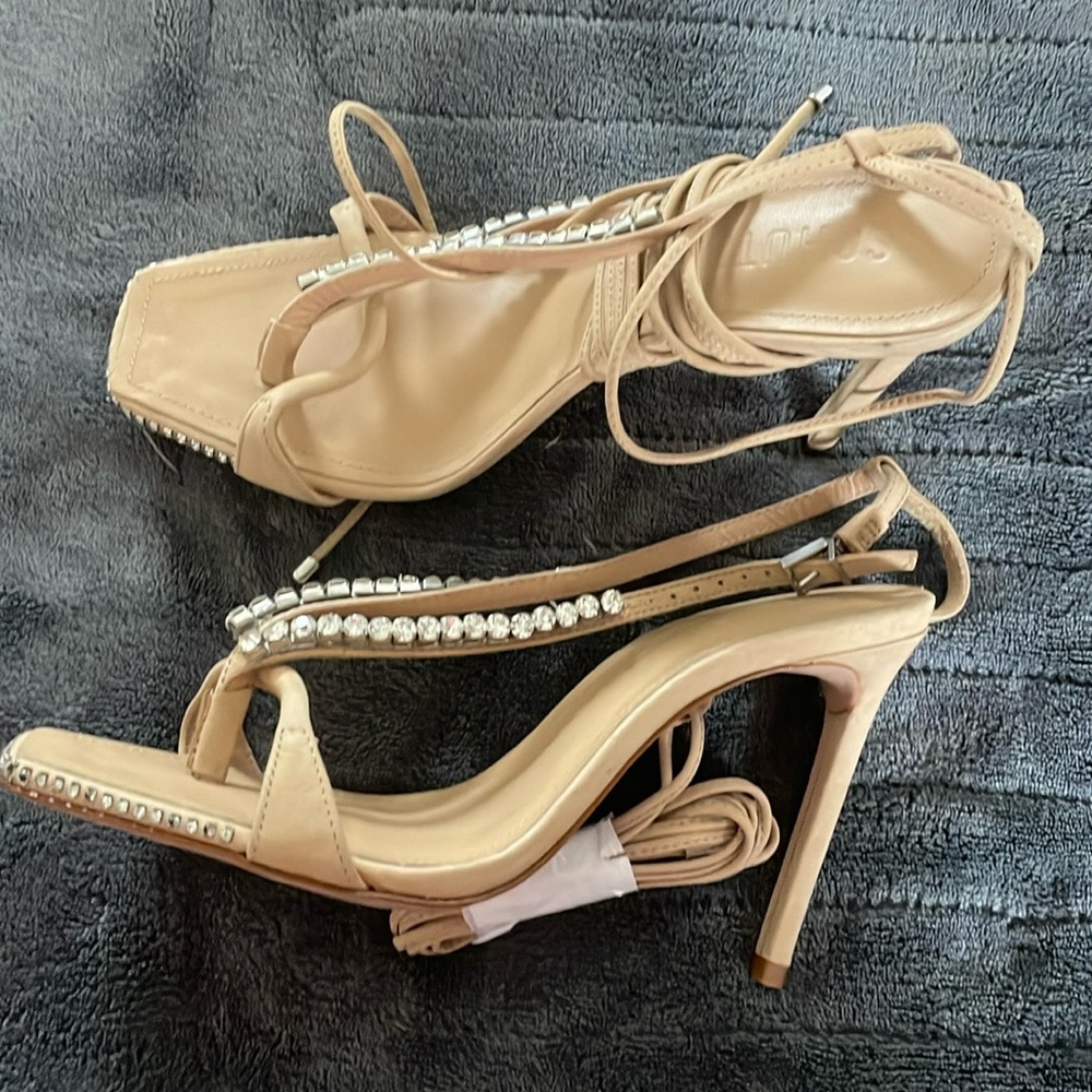 SCHUTZ Beige ankle strap &/or calf strap sandal  rhinestones size 7 1/2 B